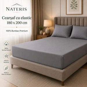 Cearșaf cu elastic 180x200 cm, 100% bumbac, colț 30 cm, antialergic, gri - Img 2