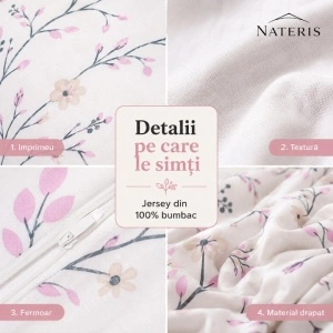 Lenjerie pat 100% bumbac Jersey, 220x200 cm, 3 piese, floral alb/roz - Img 6