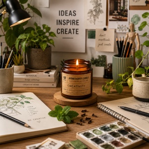 Lumânare Aromaterapie Creativitate, ceară naturală de soia, uleiuri esențiale pure de Mentă și Cuișoare, recipient din sticlă chihlimbar, vegană, ardere până la 40 ore, 200 g - Img 4