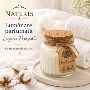 Lumânare parfumată Lenjerie Proaspătă, ceară naturală de soia, recipient din sticlă cu capac din plută, parfum Fresh Linen, decor elegant pentru casă, ardere până la 20 ore, 120 g