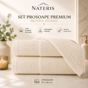 Set 2 prosoape baie premium Solano, 100% bumbac natural, 70x140 cm, absorbție rapidă, prosop moale și delicat, textură elegantă, bordură decorativă, certificat OEKO-TEX, ecru
