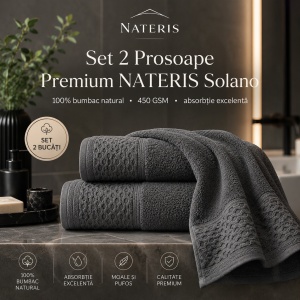 Set 2 prosoape baie Solano, 100% bumbac natural, 70x140 cm, absorbție rapidă, uscare eficientă, confort premium, delicate cu pielea, design elegant cu bordură decorativă, rezistente în timp, gri antracit