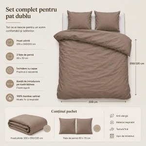 Set lenjerie de pat 200x220 cm, 100% bumbac satinat, 3 piese, închidere cu capse, bej - Img 4