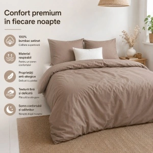 Set lenjerie de pat 240x220 cm, 100% bumbac satinat, 3 piese, închidere cu capse, bej - Img 2