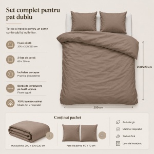 Set lenjerie de pat , husă pilotă 200x200/220 cm și 2 fețe de pernă 60x70 cm, 100% bumbac satinat, anti-alergic, închidere cu capse, bej - Img 4