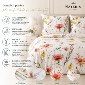 Set lenjerie Nateris 100% bumbac, 220x200 cm, 3 piese, alb multicolor - Img 3