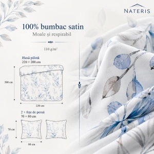 Set lenjerie Nateris Azura, 100% bumbac, 220x200 cm, 3 piese, albastru - Img 2