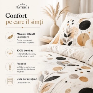 Set lenjerie Nateris Linure, bumbac satinat, 220x200 cm, 3 piese, alb - Img 4