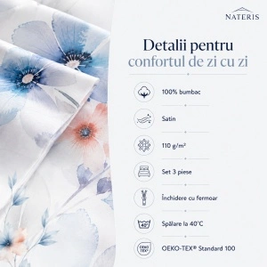 Set lenjerie pat Nateris Lunara, bumbac satinat, 220x200 cm, 3 piese, alb - Img 3