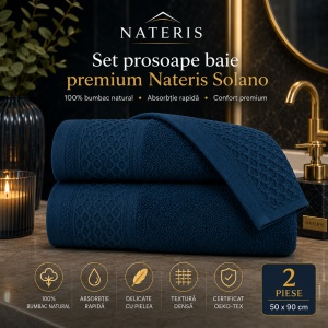 Set prosoape baie Solano 2 piese, 100% bumbac natural, absorbție rapidă, prosoape premium pentru baie, delicate cu pielea, uscare eficientă, bordură decorativă elegantă, OEKO-TEX, 50x90 cm, bleumarin