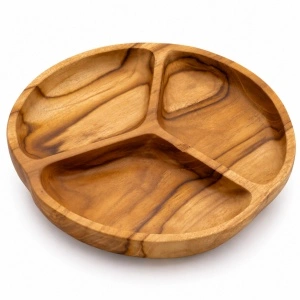 Bol din lemn de tec, 3 compartimente, 30 × 30 × 7 cm, natur