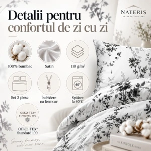 Lenjerie de pat Nateris Noira, bumbac satinat, 220x200 cm, 3 piese, alb - Img 3