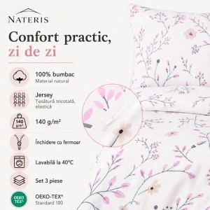 Lenjerie pat 100% bumbac Jersey, 220x200 cm, 3 piese, floral alb/roz - Img 3