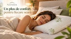 Pernă ergonomică Nateris Bamboo Memory Foam, fermă, husă detașabilă, 70 × 40 × 12 cm, alb - Img 5
