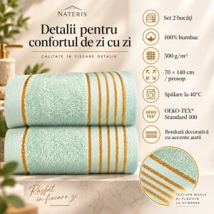 Set 2 prosoape baie Nateris Tiwano, bumbac, 70x140 cm, verde mentă - Img 3