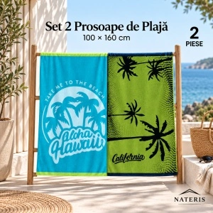 Set 2 Prosoape de Plaja 100×160 cm – ALOHA Turcoaz + CALIFORNIA Verde Oliv