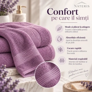Set 2 Prosoape Față și Mâini Nateris Bamboo Moreno, 50x90 cm, 500 g/m², lavandă - Img 4