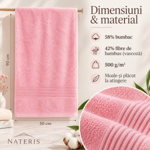 Set 2 Prosoape Față și Mâini Nateris Bamboo Moreno, 50x90 cm, bumbac 500 g/m², Roz - Img 2