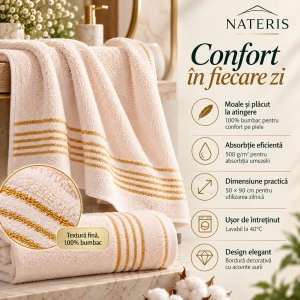 Set 2 Prosoape Față și Mâini Nateris Tiwano, bumbac, 500 g/m², 50x90 cm, crem - Img 3