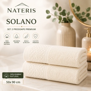 Set 2 prosoape față și mâini Solano, 100% bumbac natural, 50x90 cm, absorbție rapidă, prosop premium moale și delicat, textură elegantă, bordură decorativă, certificat OEKO-TEX, crem