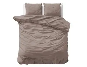 Set lenjerie de pat 200x220 cm, 100% bumbac satinat, 3 piese, închidere cu capse, bej