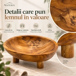 Bol pentru fructe din lemn de tec, 30 × 23 × 10 cm, natural - Img 3