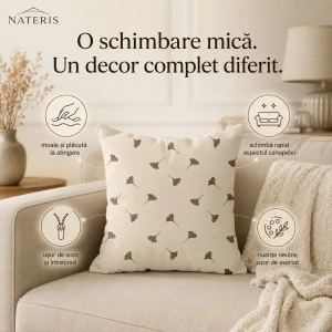 Față de pernă decorativă 43x43 cm cu frunze ginkgo, bej - Img 4