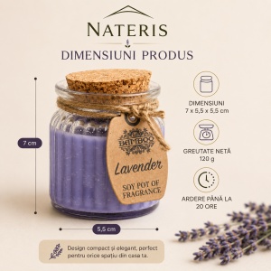 Lumânare parfumată Lavandă, ceară naturală de soia, recipient din sticlă cu capac din plută, aromaterapie și relaxare, decor elegant pentru casă, ardere până la 20 ore, 120 g - Img 2
