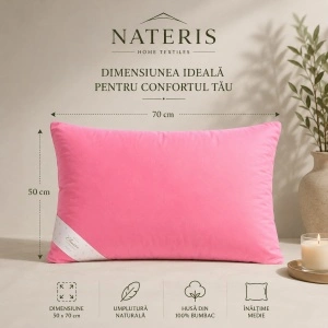 Pernă 50x70 cm, pană de gâscă, husă 100% bumbac, 800 g, roz - Img 2