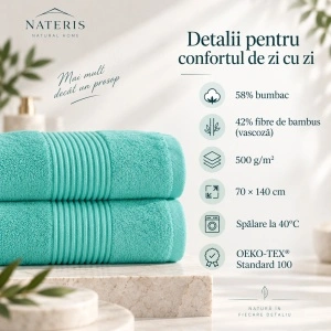 Set 2 prosoape baie Nateris Bamboo Moreno, 70x140 cm, 500 g/m², turcoaz - Img 3