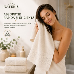 Set 2 prosoape baie premium Solano, 100% bumbac natural, 70x140 cm, absorbție rapidă, prosop moale și delicat, textură elegantă, bordură decorativă, certificat OEKO-TEX, ecru - Img 5