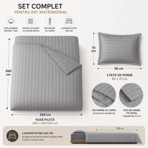 Set lenjerie de pat Hotel Line 200x200/260 cm, bumbac satinat , 3 piese, închidere cu capse, gri - Img 3