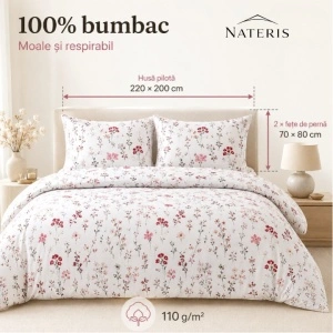 Set lenjerie pat Nateris 100% bumbac 220x200 cm, 3 piese, alb floral - Img 2