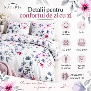 Set lenjerie pat Nateris Rosalie, bumbac satinat, 220x200 cm, alb - Img 3