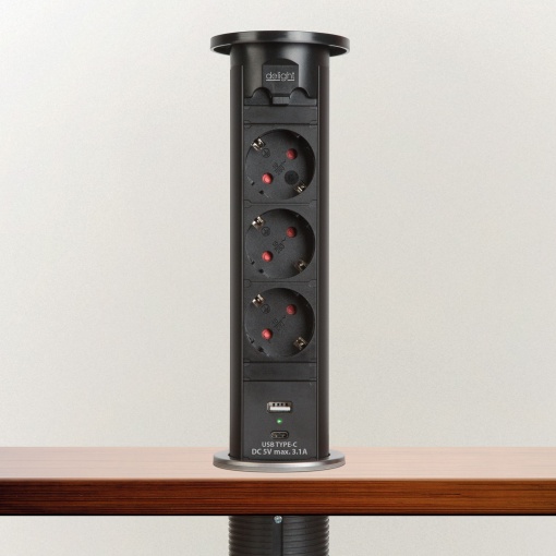 Priză încorporabilă ascunsă motorizată - 3 x 250 V + USB-A, Type-C - negru - Img 1