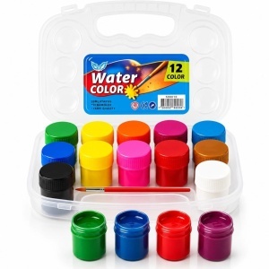 Acuarele la Borcan 4cm pe Bază de Apă 12/set cu Pensulă, în Cutie 18x14cm cu Mâner Transparentă