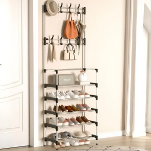 Cuier Multifuncțional cu Rafturi pentru Pantofi 171x60cm, cu Cârlige pentru Haine și Accesorii Structură Metalică