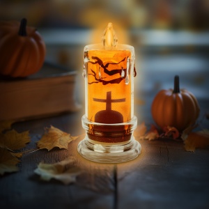 Decor cu lumânări LED de Halloween - Piatră funerară - LED portocaliu - 3 x LR1130 - 5 x 5 x 10 cm