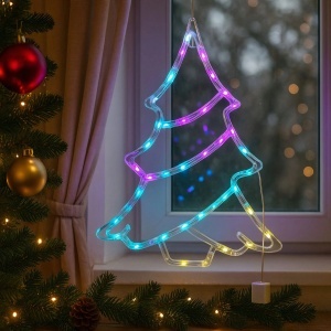 Decoratiune Crăciun 37x30cm Model Brad cu Lumină Multicoloră LED, 20 Jocuri de Lumini Model Sarpe, Ornament Suspendat Transparent