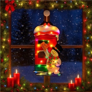 Decorațiune de Geam pentru Crăciun 45.5x24.5cm, Om de Zapada cu Cutie Postala, cu Lumină LED Multicoloră, Model 3D, cu Alimentare la Priză