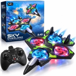 Drona Avion de Lupta Sky Overlord 20cm cu Telecomanda 2.4G, Lumini LED, 4 Elice si Efecte Luminoase, Diferite Culori