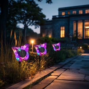 Fluture solar cu țăruș - mov - 13 x 6,5 x 35 cm - LED alb cald + colorat - Img 3