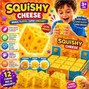 Jucărie Squishy Cheese Cube 6.5x6.5cm Anti-Stres, Slow Rising, Model Branza - Img 2