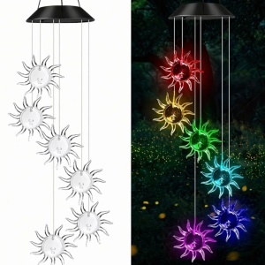 Lampă Solară LED 63cm cu Clopoțel de Vânt, Model cu 6 Soare Decorative 10cm, Iluminare Multicoloră, Panou Solar si Agățătoare Inclusă, Rezistentă la Apă