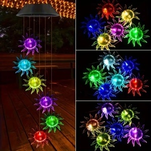 Lampă Solară LED 63cm cu Clopoțel de Vânt, Model cu 6 Soare Decorative 10cm, Iluminare Multicoloră, Panou Solar si Agățătoare Inclusă, Rezistentă la Apă - Img 2