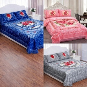 Lenjerie de Pat 4 Piese 220x240cm, Model Floral cu Trandafiri, Material Catifelat și Gros, Diferite Culori