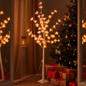 Pom Decorativ 165cm, Brad Artificial de Craciun, cu Lumina LED Alb Cald, Model Floare Roz, pentru Interior si Exterior