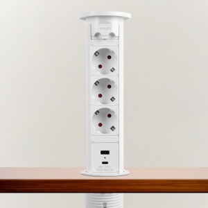 Priză încorporabilă ascunsă motorizată - 3 x 250 V + 2 x USB - alb