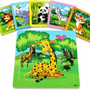Puzzle din Lemn 12/set, pentru Copii 14x14cm, Diferite Animalute