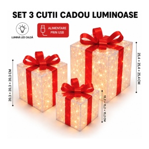 Set 3 cutii luminoase decorative, lumina calda